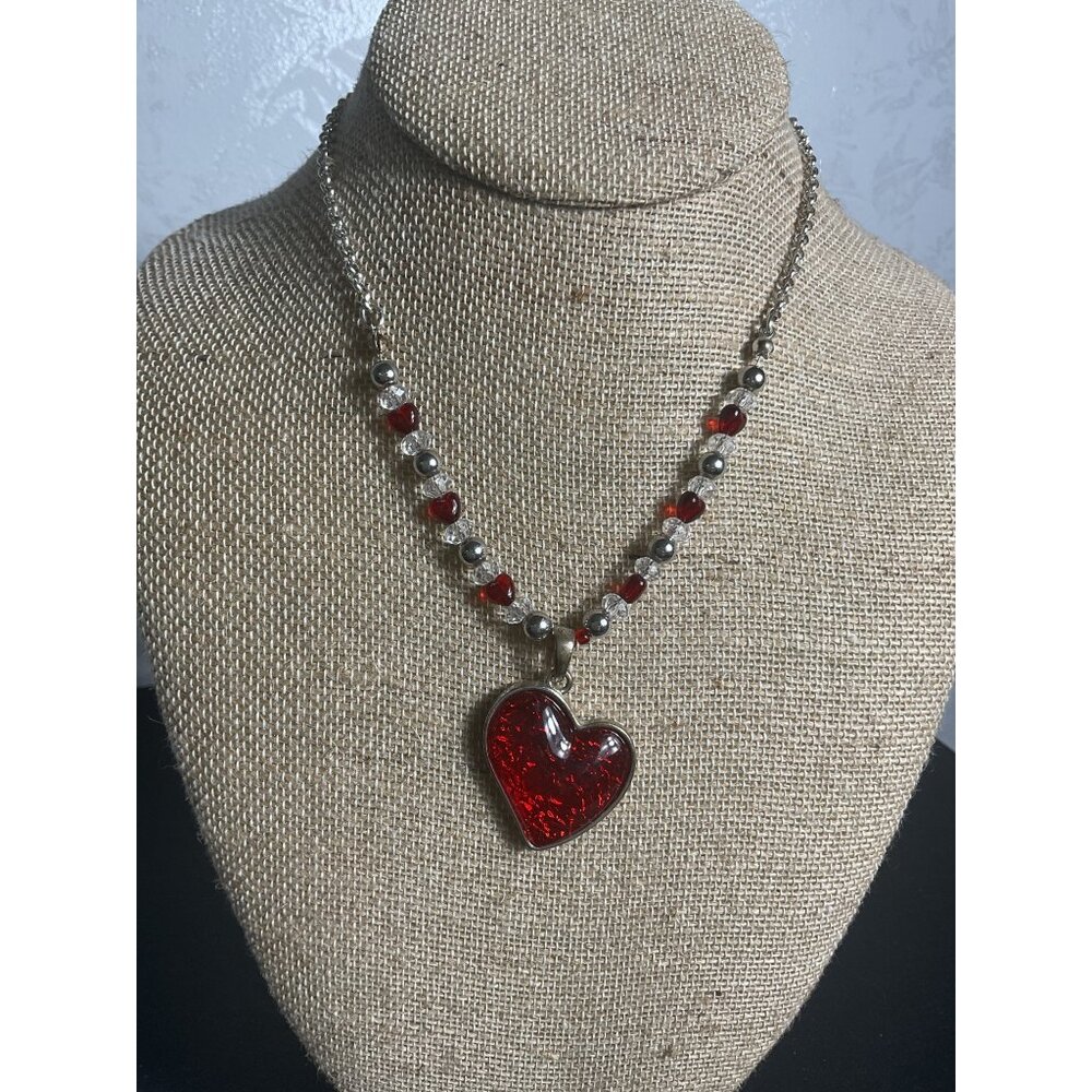 Red Heart Pendant Necklace With Silver & Red Beads Adjustable